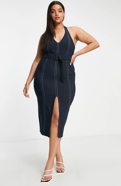 Asos Design Curve Belted Halter Midi Dress In Navy