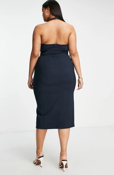 Asos Design Curve Belted Halter Midi Dress In Navy