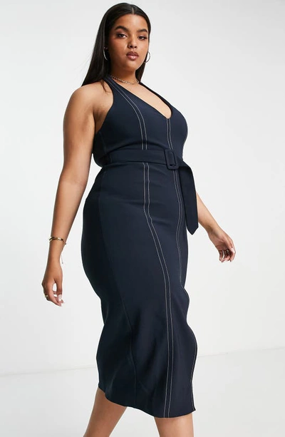 Asos Design Curve Belted Halter Midi Dress In Navy