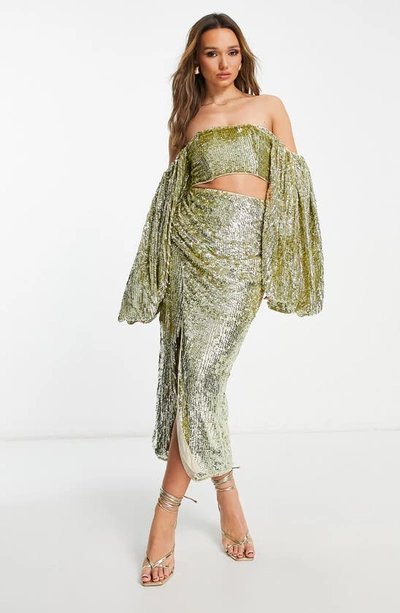 Shop Asos Design Edition Sequin Faux Wrap Midi Skirt In Gold