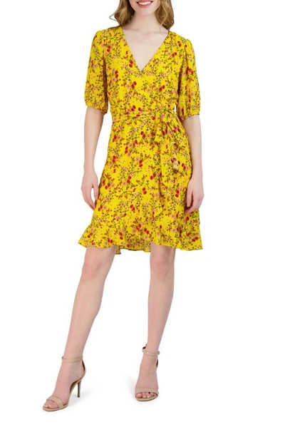 Shop Julia Jordan Puff Sleeve Floral Faux Wrap Dress In Yellow Multi