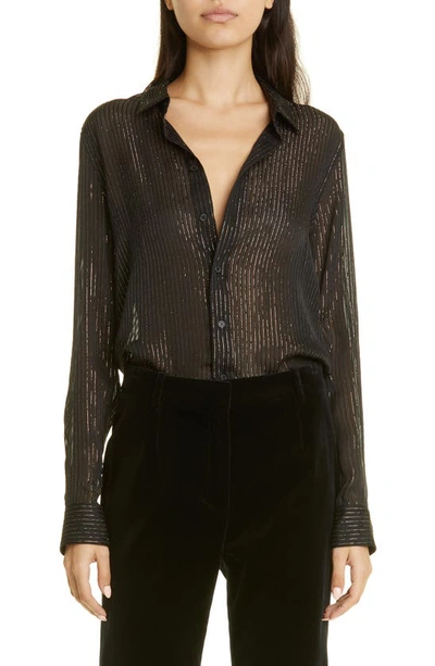 Shop Nili Lotan Gaia Slim Fit Silk Blend Shirt In Black W/ Gold Stripe