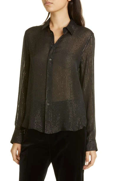 Shop Nili Lotan Gaia Slim Fit Silk Blend Shirt In Black W/ Gold Stripe