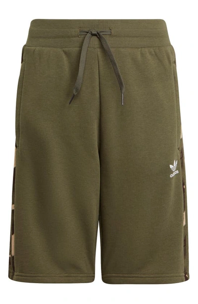 Shop Adidas Originals Kids' Camo 3-stripes French Terry Sweat Shorts In Olive Strata