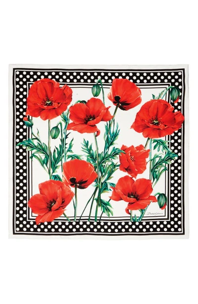 Dolce & Gabbana Dolce&gabbana Polka Dot Border Poppy Print Silk Scarf In Nat.white