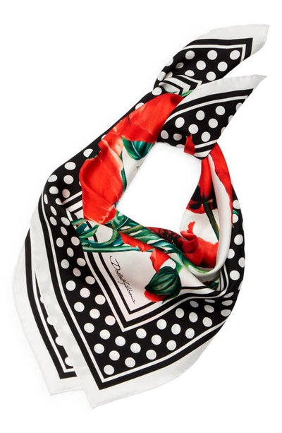 Shop Dolce & Gabbana Polka Dot Border Poppy Print Silk Scarf In Nat.white