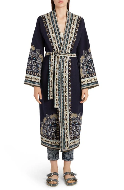 Shop Etro Paisley Belted Sweater Coat In Navy