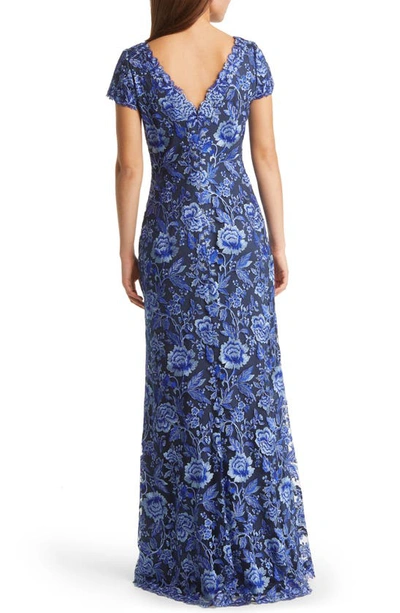 Shop Tadashi Shoji Embroidered Lace Evening Gown In Blue Violet/ Navy