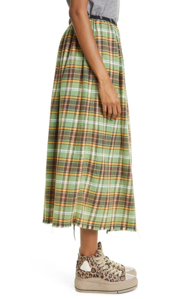 Shop R13 Kilt Frayed Plaid Slub Cotton Midi Skirt In Green Plaid