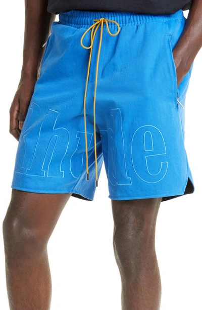 Shop Rhude Embroidered Logo Cotton Sweat Shorts In Electric Blue