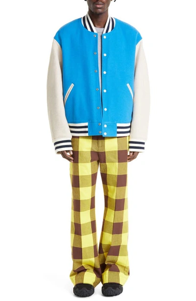 Shop Acne Studios Face Patch Colorblock Wool Blend Varsity Bomber Jacket In Sapphire Blue
