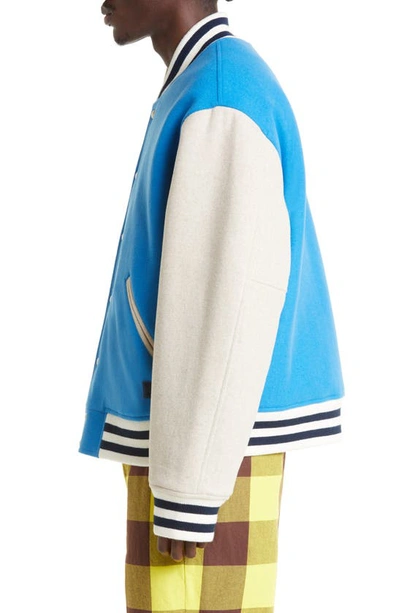 Shop Acne Studios Face Patch Colorblock Wool Blend Varsity Bomber Jacket In Sapphire Blue