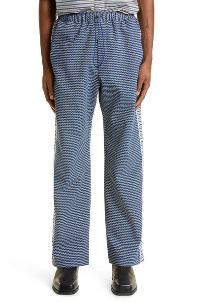 Shop Ahluwalia Phoenix Geo Print Straight Leg Cotton Blend Pants In Black/ Blue