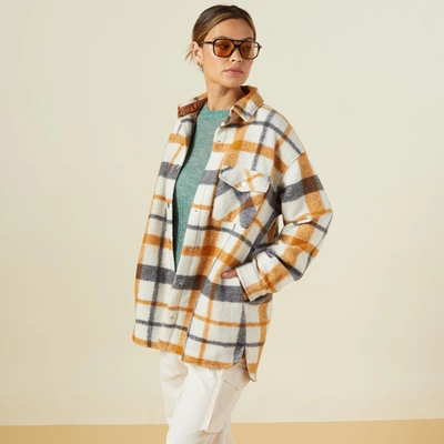 Monrow Plaid Snap-front Shacket In Black/nat/camel