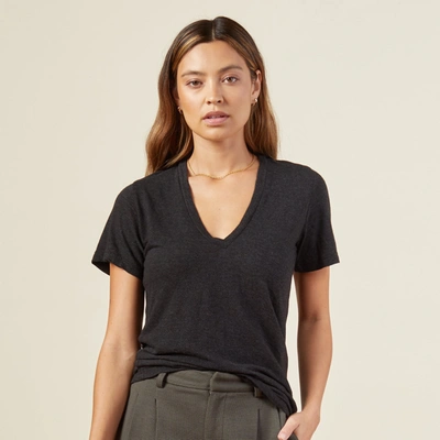 Monrow Textured Tri-blend Fitted V Neck Tee In Black