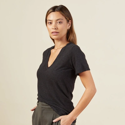 Monrow Textured Tri-blend Fitted V Neck Tee In Black