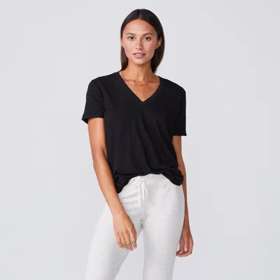 Monrow Textured Tri-blend Relaxed V Neck Tee In Black