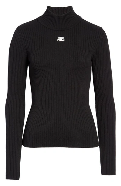 Courrèges Black Reedition Rib Knit Mock Neck Sweater In Black