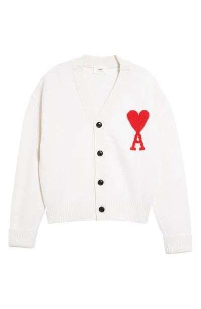 Shop Ami Alexandre Mattiussi Monogram Logo V-neck Wool Cardigan In Off-white/ Red/ 154
