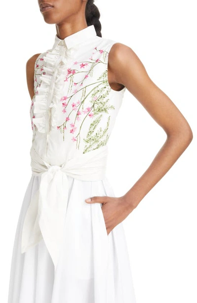 Shop Giambattista Valli Floral Print Pleated Tie Waist Cotton Poplin Shirtdress In Ivory / Multi