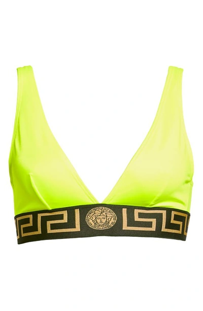 Shop Versace Greca Border Triangle Bikini Top In Acid Yellow Black