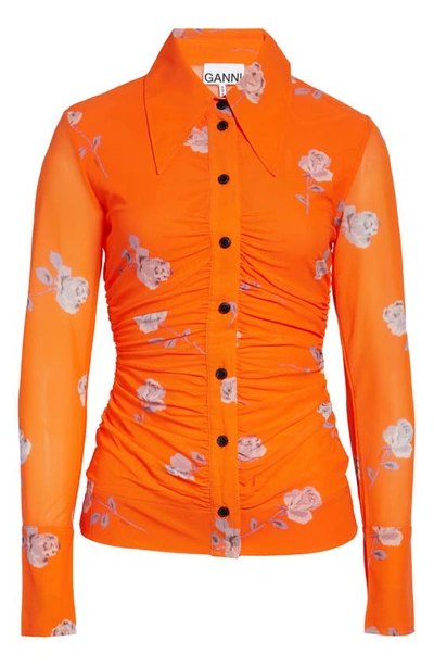 Shop Ganni Ruched Floral Print Mesh Shirt In Orangeade