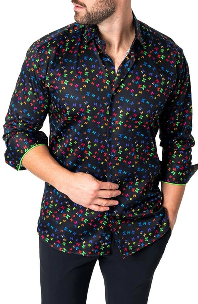 Shop Maceoo Fibonacci Neon Butterflies Cotton Button-up Shirt In Black