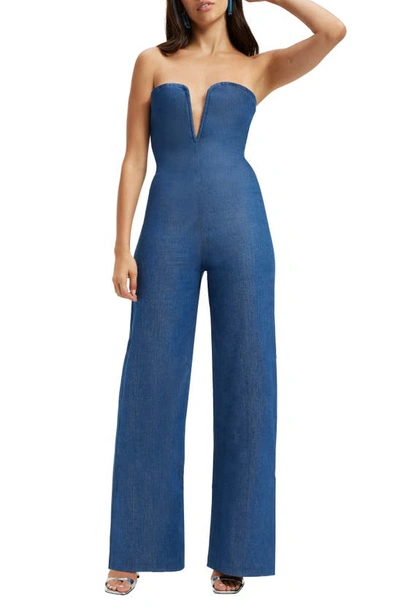 Good American Strapless V-bar Denim Jumpsuit In Trueblue001 | ModeSens