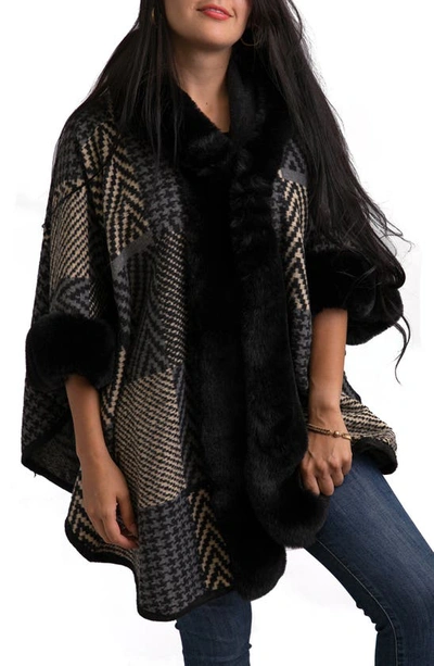 Saachi Mixed Print Faux Fur Trim Cardigan In Black