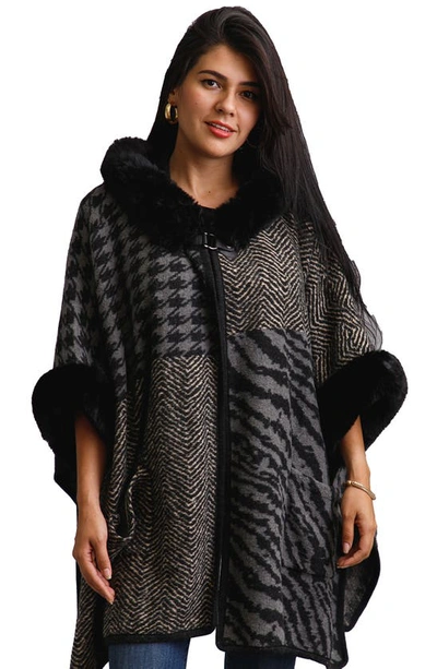 Saachi Mixed Print Faux Fur Trim Cardigan In Black