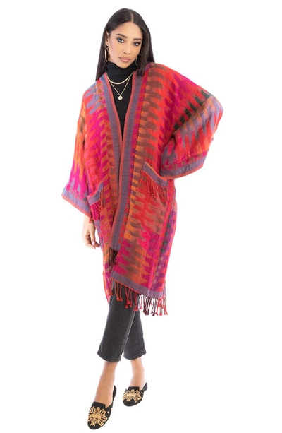 Saachi Gradient Stripe Fringe Trim Ruana In Red