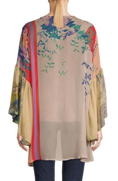 Saachi Mystical Garden Floral Print Bell Sleeve Ruana In Red Multi