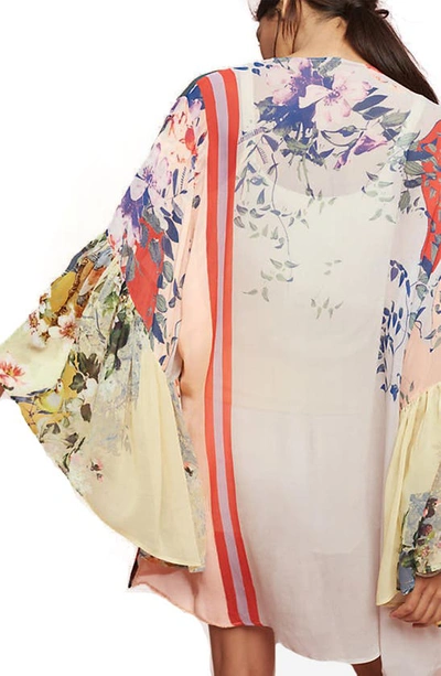 Saachi Mystical Garden Floral Print Bell Sleeve Ruana In Red Multi