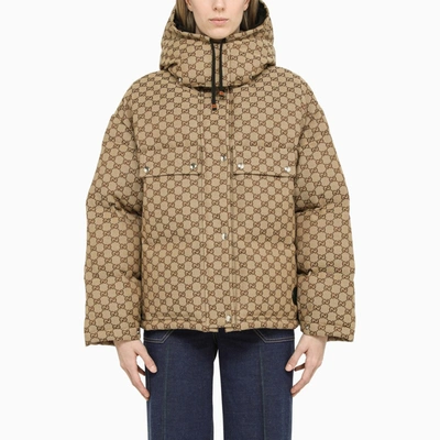 Gucci Camel Down Jacket In Gg Cotton Fabric In Brown