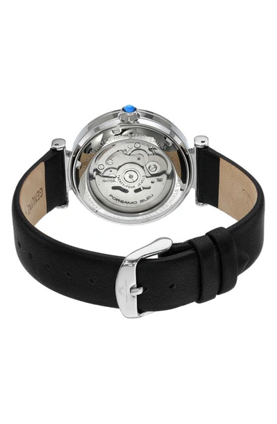 Porsamo Bleu Laura White Topaz Automatic Leather Strap Watch, 36mm In Black Silver