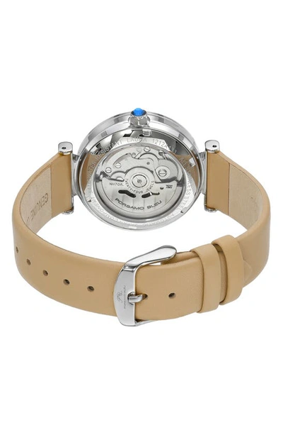 Porsamo Bleu Laura White Topaz Automatic Leather Strap Watch, 36mm In Beige Silver
