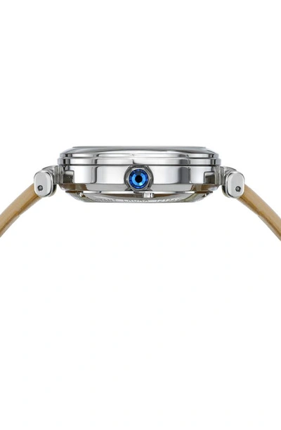 Porsamo Bleu Laura White Topaz Automatic Leather Strap Watch, 36mm In Beige Silver