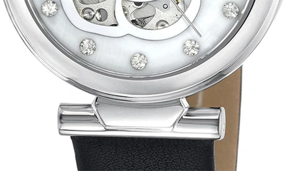 Porsamo Bleu Laura White Topaz Automatic Leather Strap Watch, 36mm In Black Silver