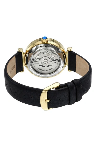 Porsamo Bleu Laura White Topaz Automatic Leather Strap Watch, 36mm In Black Gold