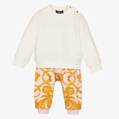 Shop Versace Baby Girls Ivory & Pink Cotton Tracksuit