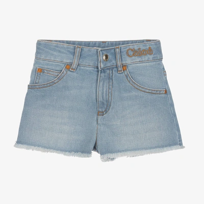 Shop Chloé Girls Blue Cotton Denim Logo Shorts