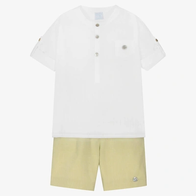 Shop Artesania Granlei Boys White & Green Cotton Shorts Set