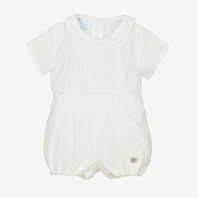 Shop Artesania Granlei Boys White Cotton Buster Suit In Ivory