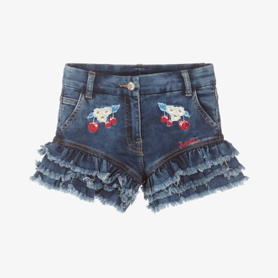 Shop Monnalisa Teen Girls Blue Embroidered Denim Shorts