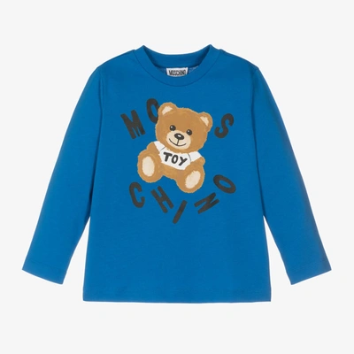Shop Moschino Kid-teen Blue Cotton Teddy Bear Logo Top