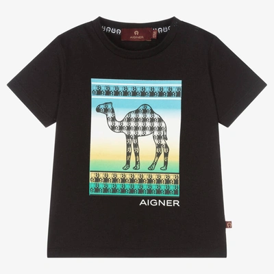 Shop Aigner Boys Black Cotton Logo T-shirt