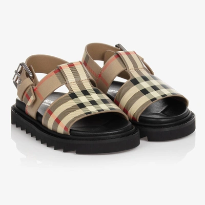 Shop Burberry Junior Beige Check Leather Sandals