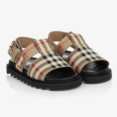 Shop Burberry Beige Check Leather Sandals
