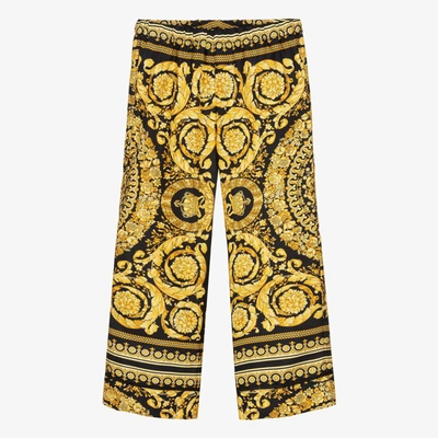 Shop Versace Girls Black & Gold Barocco Silk Trousers
