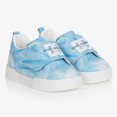 Shop Dolce & Gabbana Boys Blue Tie Dye Leather Trainers